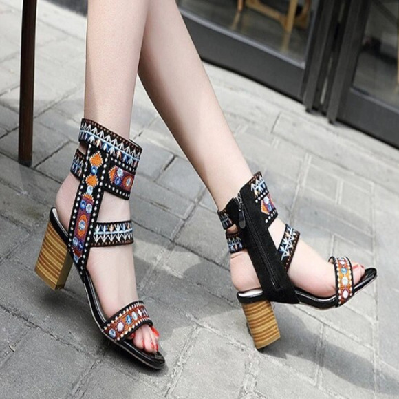 Embroidered Open Toe Bohemia Stacked Heel Sandals 9.5 / 10 - Picture 14 of 14